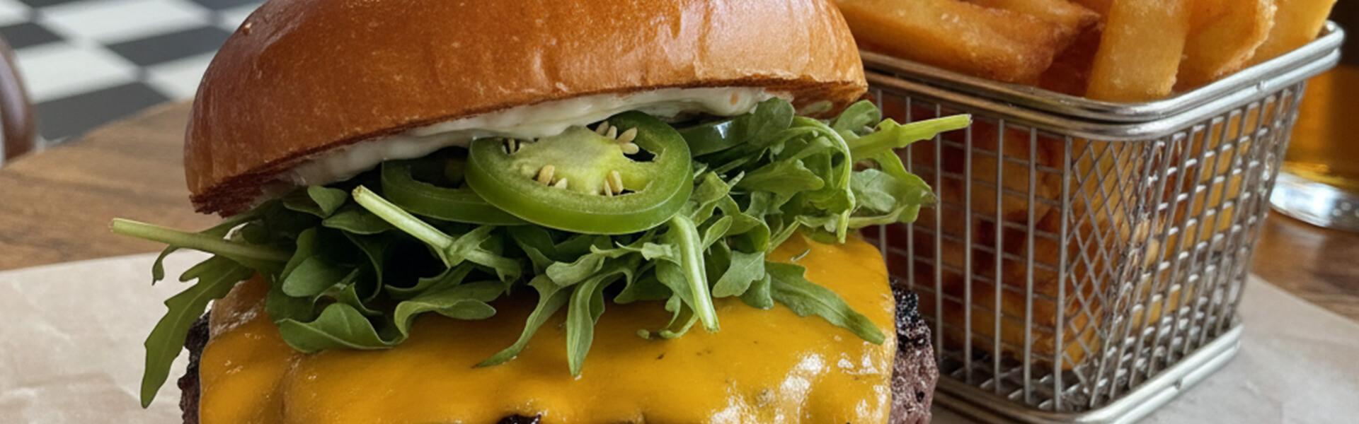 Un burger avec une portion de frites